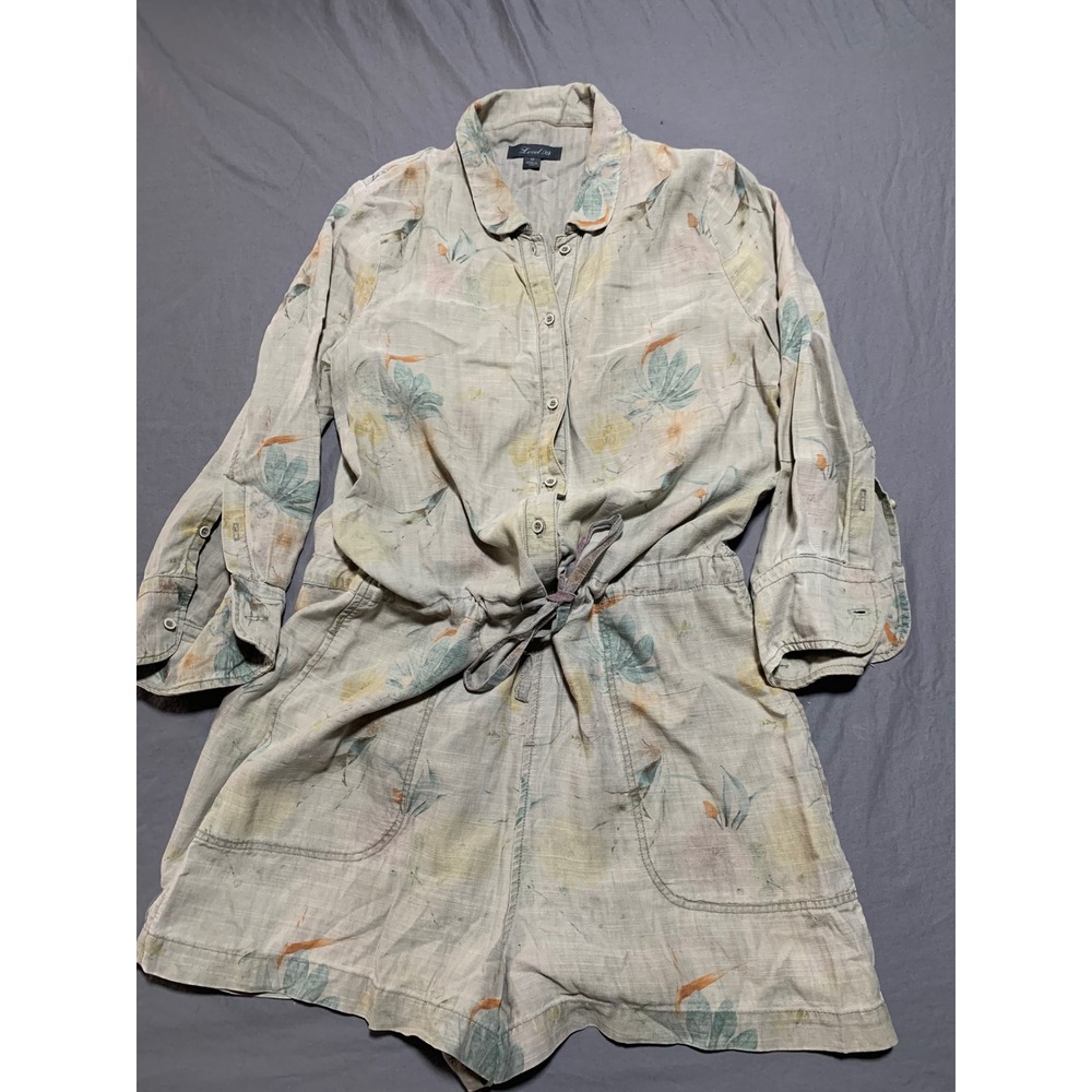 Level 99 Women Floral Linen Tencel Romper Grey Button Front‎ Drawstring JJ4086 M